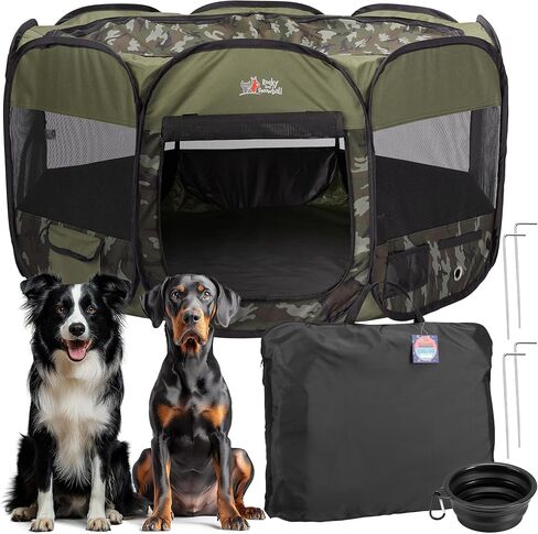 Rocky + Snowball Pop Up Playpen for Dogs - Puppy Dog Cats Rabbits Play Pen for Indoors or Outdoors - Portable Playpen with Carrying Case & Collapsible Bowl - Camo Print - XL in Kuwait