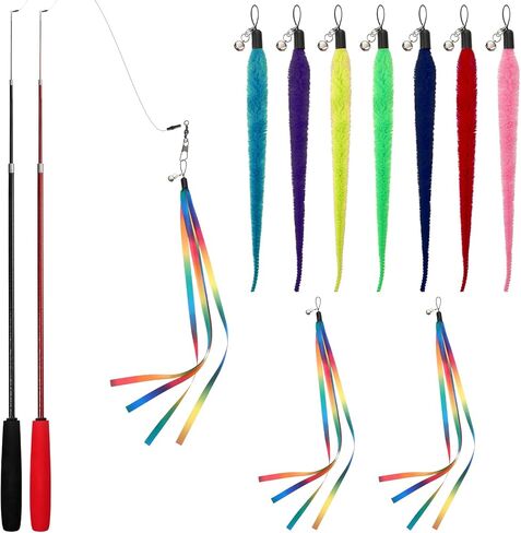 Trinkrittey 11PCS Cat Worm Toy, Interactive Fuzzy Worms with Retractable Wands (38" and 50") Cat Stick Toy with Feather Toys and Teasers Fishing Pole Cats Toys for Exercise, Playtime and Chase in Kuwait