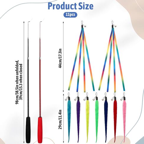 Trinkrittey 11PCS Cat Worm Toy, Interactive Fuzzy Worms with Retractable Wands (38" and 50") Cat Stick Toy with Feather Toys and Teasers Fishing Pole Cats Toys for Exercise, Playtime and Chase in Kuwait