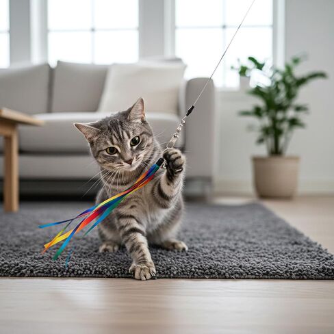 Trinkrittey 11PCS Cat Worm Toy, Interactive Fuzzy Worms with Retractable Wands (38" and 50") Cat Stick Toy with Feather Toys and Teasers Fishing Pole Cats Toys for Exercise, Playtime and Chase in Kuwait