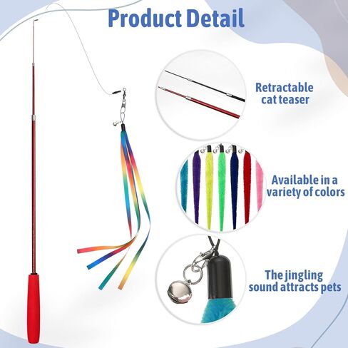 Trinkrittey 11PCS Cat Worm Toy, Interactive Fuzzy Worms with Retractable Wands (38" and 50") Cat Stick Toy with Feather Toys and Teasers Fishing Pole Cats Toys for Exercise, Playtime and Chase in Kuwait