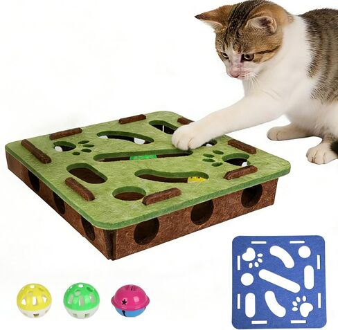 Pet Fit For Life Cat Puzzle Toy Indoor Mental Stimulation Felt Material Paws Track with 3 Interactive Balls with Bells, Enrichment Box for Hunting, Exercise, Self Play and Fun for Cats – Green & Blue in Kuwait