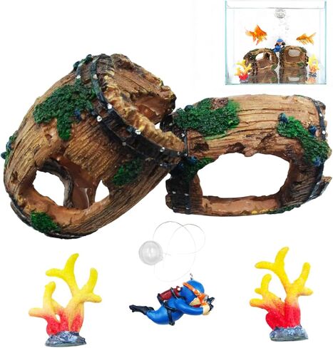 Aquarium Decoration Set with Driftwood Barrel, Coral Plants, Diver Figurine, Brown Green Blue Yellow Red, Resin Plastic, Medium, 5 Pieces in Kuwait