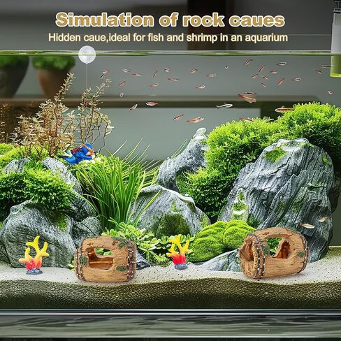 Aquarium Decoration Set with Driftwood Barrel, Coral Plants, Diver Figurine, Brown Green Blue Yellow Red, Resin Plastic, Medium, 5 Pieces in Kuwait