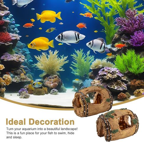 Aquarium Decoration Set with Driftwood Barrel, Coral Plants, Diver Figurine, Brown Green Blue Yellow Red, Resin Plastic, Medium, 5 Pieces in Kuwait