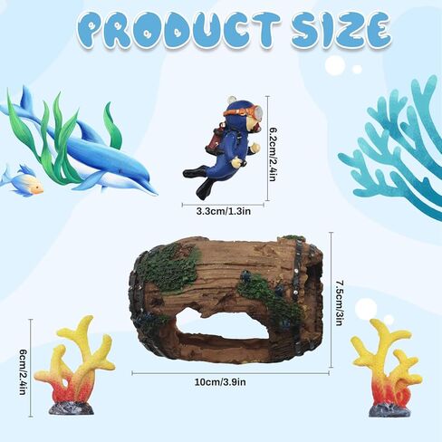 Aquarium Decoration Set with Driftwood Barrel, Coral Plants, Diver Figurine, Brown Green Blue Yellow Red, Resin Plastic, Medium, 5 Pieces in Kuwait