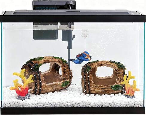 Aquarium Decoration Set with Driftwood Barrel, Coral Plants, Diver Figurine, Brown Green Blue Yellow Red, Resin Plastic, Medium, 5 Pieces in Kuwait