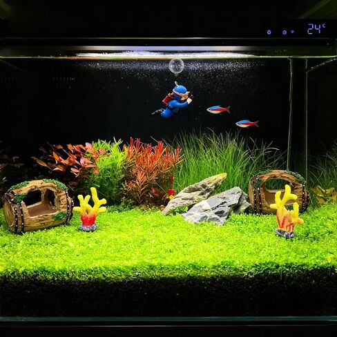 Aquarium Decoration Set with Driftwood Barrel, Coral Plants, Diver Figurine, Brown Green Blue Yellow Red, Resin Plastic, Medium, 5 Pieces in Kuwait