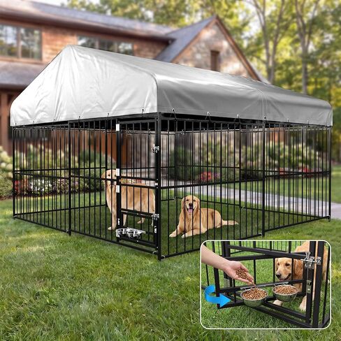Redlife 10x10 FT بيت الكلب في الهواء الطلق مع سقف، 84 "طويل القامة الثقيلة مربع أنابيب الصلب قفص الكلب، حاوية كبيرة للكلاب مع 360 درجة الدورية تغذية السلطانيات، تصميم باب مزدوج وغطاء مقاوم للماء in Kuwait