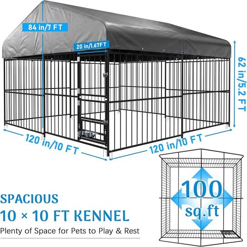 Redlife 10x10 FT بيت الكلب في الهواء الطلق مع سقف، 84 "طويل القامة الثقيلة مربع أنابيب الصلب قفص الكلب، حاوية كبيرة للكلاب مع 360 درجة الدورية تغذية السلطانيات، تصميم باب مزدوج وغطاء مقاوم للماء in Kuwait