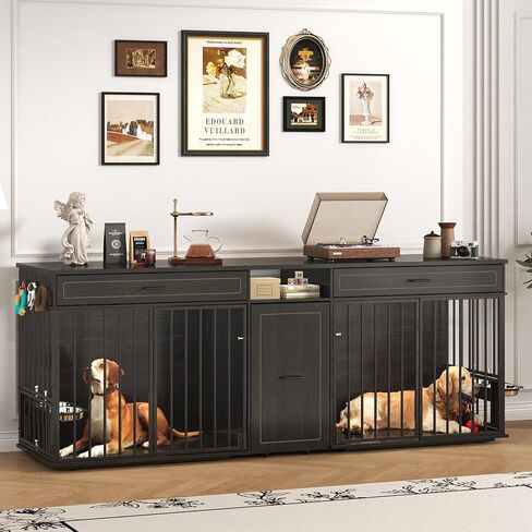 86.6" Dog Crate Furniture Large Breed TV Stand with Double Rooms, Wooden Dog Kennel Furniture with Dog Bowl, 2 Drawers and Cabinet for Large Medium Dogs, Black in Kuwait