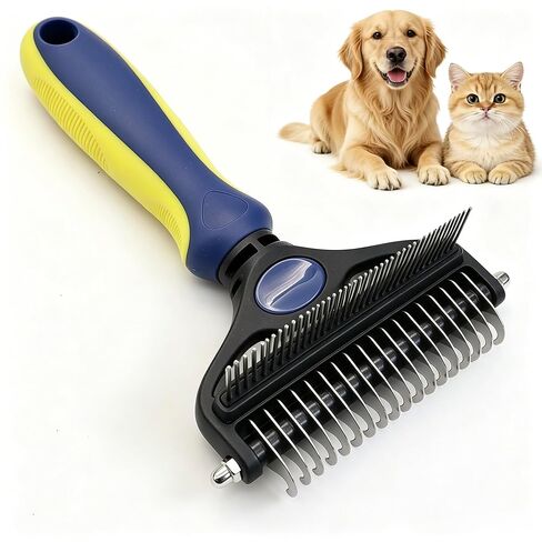 2-in-1 Cat Brush for Shedding - Double-Sided Undercoat Rake for Long Haired Cats - Professional Dematting Tool for Dense Double-Coats - Gentle Deshedding Brush for Kittens, Blue in Kuwait