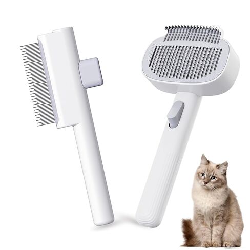 Pet Grooming Combo with Release Button - 2-in-1 Pet Detangling Brush and Cat Dematting Comb with Long & Short Stainless Steel Metal Teeth Easy to Remove Loose Undercoat,Matted Fur & Tangles in Kuwait