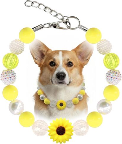 Hosiwei Yellow Daisy Handmade Chunky Pearl Dog Collar Necklace (Beads 20 mm) with Strong Stainless Steel Wire, Adjustable Fashion Collar Accessories for Dogs | Gift for Dog Moms (15.5" – 17.5", Daisy) in Kuwait