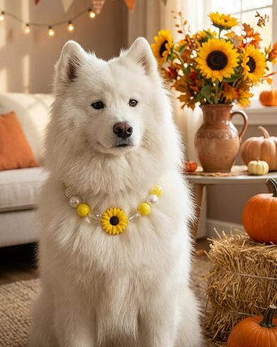 Hosiwei Yellow Daisy Handmade Chunky Pearl Dog Collar Necklace (Beads 20 mm) with Strong Stainless Steel Wire, Adjustable Fashion Collar Accessories for Dogs | Gift for Dog Moms (15.5" – 17.5", Daisy) in Kuwait
