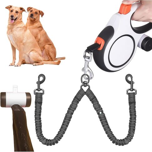 Dual Retractable Dog Leash 2 Large Dogs (Up to 110 Lbs Each), 2 Headed Pet Leash with Poop Bags, 16ft Extension, Non-Slip Grip, One-Button Break & Lock, 360-degree Tangle-Free (White, Large) in Saudi Arabia