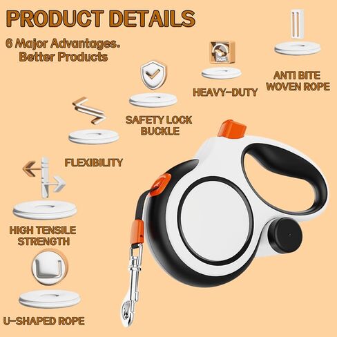 Dual Retractable Dog Leash 2 Large Dogs (Up to 110 Lbs Each), 2 Headed Pet Leash with Poop Bags, 16ft Extension, Non-Slip Grip, One-Button Break & Lock, 360-degree Tangle-Free (White, Large) in Saudi Arabia