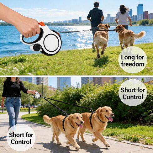 Dual Retractable Dog Leash 2 Large Dogs (Up to 110 Lbs Each), 2 Headed Pet Leash with Poop Bags, 16ft Extension, Non-Slip Grip, One-Button Break & Lock, 360-degree Tangle-Free (White, Large) in Saudi Arabia