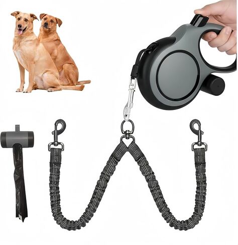 Dual Retractable Dog Leash 2 Large Dogs (Up to 110 Lbs Each), 2 Headed Pet Leash with Poop Bags, 16ft Extension, Non-Slip Grip, One-Button Break & Lock, 360-degree Tangle-Free (White, Large) in Saudi Arabia