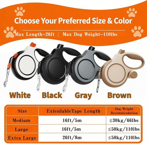 Dual Retractable Dog Leash 2 Large Dogs (Up to 110 Lbs Each), 2 Headed Pet Leash with Poop Bags, 16ft Extension, Non-Slip Grip, One-Button Break & Lock, 360-degree Tangle-Free (White, Large) in Saudi Arabia