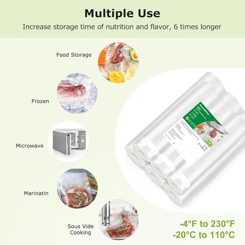 أكياس لفات تفريغ الهواء من Bonsenkitchen، 6 عبوات 3 لفات 11 بوصة × 16 بوصة + 3 لفات 8 بوصة × 16 بوصة، درجة تجارية، شديدة التحمل، خالية من مادة BPA، أكياس تخزين الطعام in Kuwait