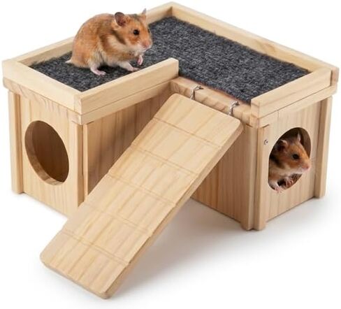 Hamster Hideout Wooden House with Ladder & Washable Pad, Small Animal Habitat Cage Accessories, Cozy Nest for Dwarf Syrian Hamsters, Gerbils & Mice in Kuwait