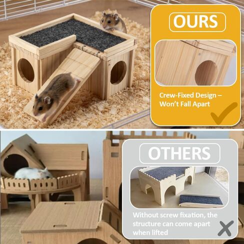 Hamster Hideout Wooden House with Ladder & Washable Pad, Small Animal Habitat Cage Accessories, Cozy Nest for Dwarf Syrian Hamsters, Gerbils & Mice in Kuwait