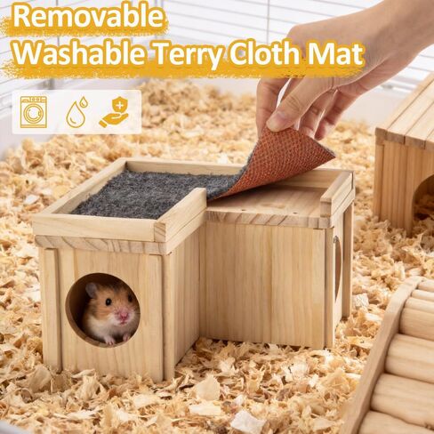 Hamster Hideout Wooden House with Ladder & Washable Pad, Small Animal Habitat Cage Accessories, Cozy Nest for Dwarf Syrian Hamsters, Gerbils & Mice in Kuwait