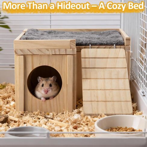 Hamster Hideout Wooden House with Ladder & Washable Pad, Small Animal Habitat Cage Accessories, Cozy Nest for Dwarf Syrian Hamsters, Gerbils & Mice in Kuwait