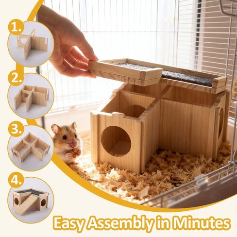 Hamster Hideout Wooden House with Ladder & Washable Pad, Small Animal Habitat Cage Accessories, Cozy Nest for Dwarf Syrian Hamsters, Gerbils & Mice in Kuwait