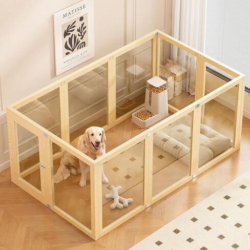 Clear Acrylic Dog Playpen Indoor with Solid Wood Frame, 10 Panels Clear Dog Playpen for Small Dogs, Easy Assembly Acrylic Pet Pen, Safe and Sturdy Play Area for Puppy Rabbit Indoor in Kuwait