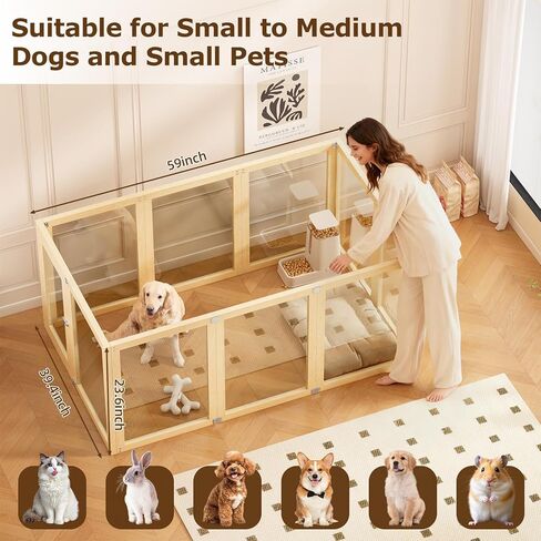 Clear Acrylic Dog Playpen Indoor with Solid Wood Frame, 10 Panels Clear Dog Playpen for Small Dogs, Easy Assembly Acrylic Pet Pen, Safe and Sturdy Play Area for Puppy Rabbit Indoor in Kuwait