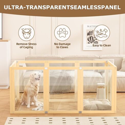 Clear Acrylic Dog Playpen Indoor with Solid Wood Frame, 10 Panels Clear Dog Playpen for Small Dogs, Easy Assembly Acrylic Pet Pen, Safe and Sturdy Play Area for Puppy Rabbit Indoor in Kuwait