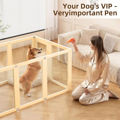Clear Acrylic Dog Playpen Indoor with Solid Wood Frame, 10 Panels Clear Dog Playpen for Small Dogs, Easy Assembly Acrylic Pet Pen, Safe and Sturdy Play Area for Puppy Rabbit Indoor in Kuwait