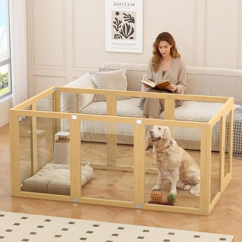 Clear Acrylic Dog Playpen Indoor with Solid Wood Frame, 10 Panels Clear Dog Playpen for Small Dogs, Easy Assembly Acrylic Pet Pen, Safe and Sturdy Play Area for Puppy Rabbit Indoor in Kuwait