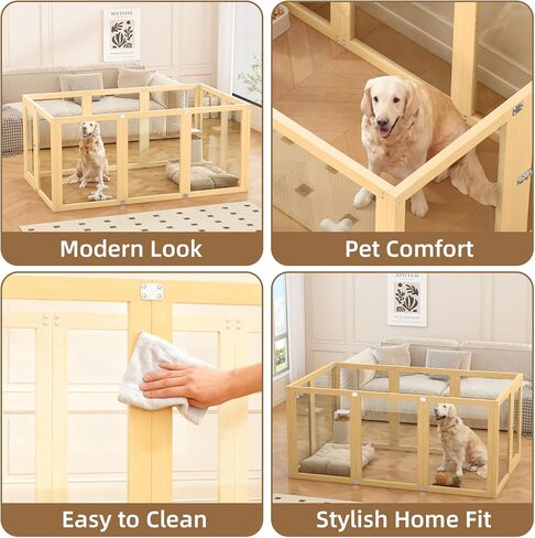 Clear Acrylic Dog Playpen Indoor with Solid Wood Frame, 10 Panels Clear Dog Playpen for Small Dogs, Easy Assembly Acrylic Pet Pen, Safe and Sturdy Play Area for Puppy Rabbit Indoor in Kuwait