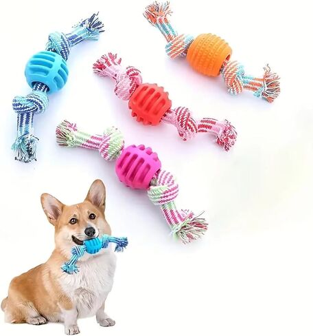 Dog Rope Toy with Ball – Cotton Chew Toy for Small to Medium Dogs, Interactive Tug of War & Teething Toy, Dental Health Bone Rope with Food Dispensing Ball, 7-Inch in Kuwait