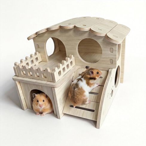 Multi-Chamber Hamster Hideout & House, Natural Wood Small Animal Cage Accessories for Dwarf Hamsters, Gerbils and Mice – Ventilated Design with Structure (Model 2) in Kuwait