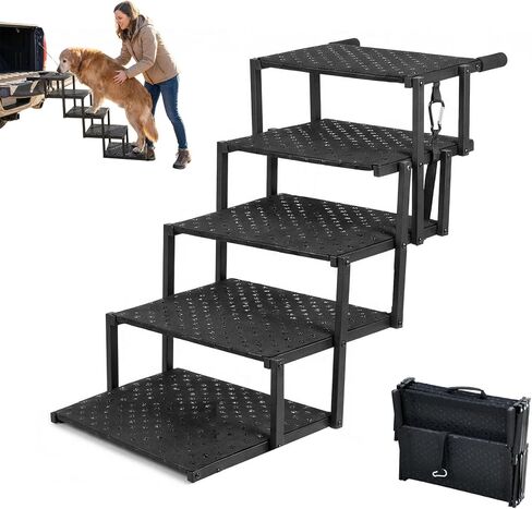 Dog Steps for Car Truck SUV,Travel Portable Foldable 5-Steps Non-Slip Dog Car Stairs,Stairs for Pet to Get in Car-Supports Up to 200 Lbs in Kuwait