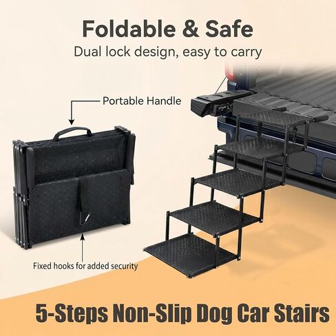 Dog Steps for Car Truck SUV,Travel Portable Foldable 5-Steps Non-Slip Dog Car Stairs,Stairs for Pet to Get in Car-Supports Up to 200 Lbs in Kuwait