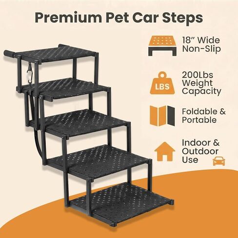 Dog Steps for Car Truck SUV,Travel Portable Foldable 5-Steps Non-Slip Dog Car Stairs,Stairs for Pet to Get in Car-Supports Up to 200 Lbs in Kuwait