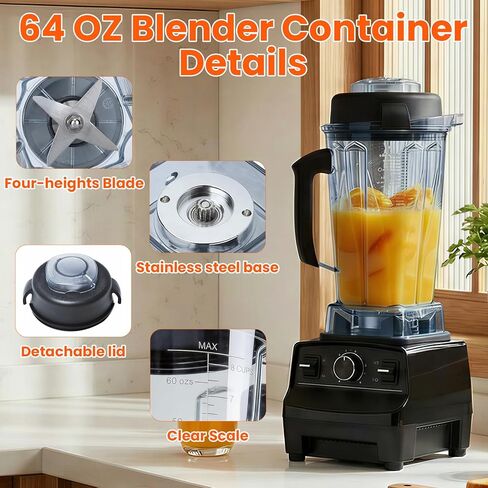 استبدال إبريق الخلاط 64oz متوافق مع Vitamix 5200 5000 5300 6300 VM0101 VM0103، تصميم محدث مانع للتسرب مع شفرات من الفولاذ المقاوم للصدأ مقاومة للصدأ، حاوية 8 أكواب مع غطاء للعصائر in Kuwait