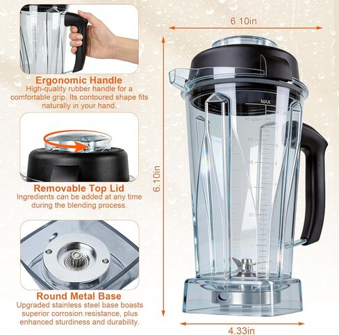 استبدال إبريق الخلاط 64oz متوافق مع Vitamix 5200 5000 5300 6300 VM0101 VM0103، تصميم محدث مانع للتسرب مع شفرات من الفولاذ المقاوم للصدأ مقاومة للصدأ، حاوية 8 أكواب مع غطاء للعصائر in Kuwait