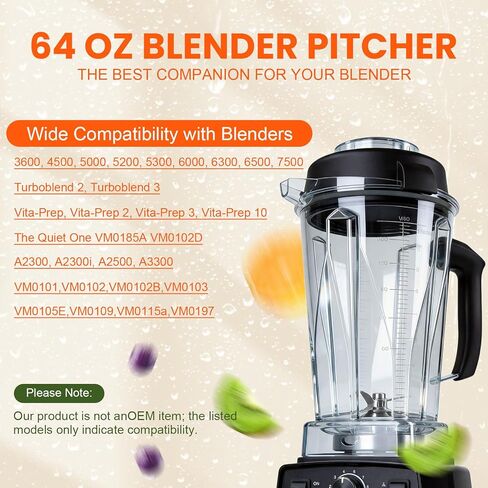 استبدال إبريق الخلاط 64oz متوافق مع Vitamix 5200 5000 5300 6300 VM0101 VM0103، تصميم محدث مانع للتسرب مع شفرات من الفولاذ المقاوم للصدأ مقاومة للصدأ، حاوية 8 أكواب مع غطاء للعصائر in Kuwait