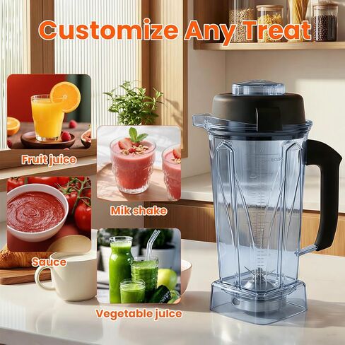 استبدال إبريق الخلاط 64oz متوافق مع Vitamix 5200 5000 5300 6300 VM0101 VM0103، تصميم محدث مانع للتسرب مع شفرات من الفولاذ المقاوم للصدأ مقاومة للصدأ، حاوية 8 أكواب مع غطاء للعصائر in Kuwait