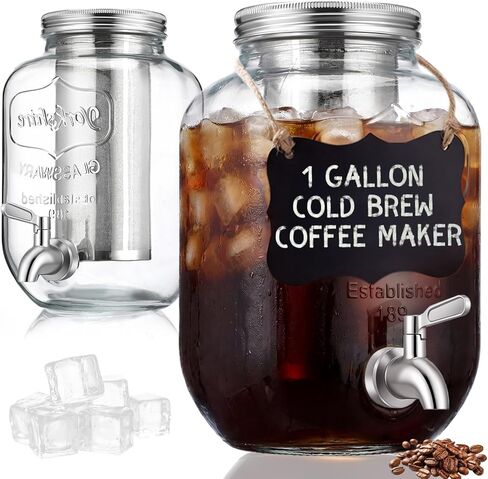 2 Pack 1 Gallon Cold Brew Coffee Maker Iced Coffee Maker with Stainless Steel Filter, Lid & Spigot Heavy Duty Glass Cold Brew Pitcher Drink Dispenser Thick Iced Tea Pitcher for Fridge in Kuwait