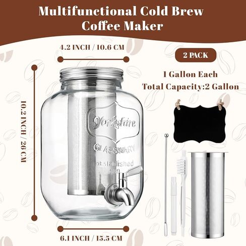 2 Pack 1 Gallon Cold Brew Coffee Maker Iced Coffee Maker with Stainless Steel Filter, Lid & Spigot Heavy Duty Glass Cold Brew Pitcher Drink Dispenser Thick Iced Tea Pitcher for Fridge in Kuwait