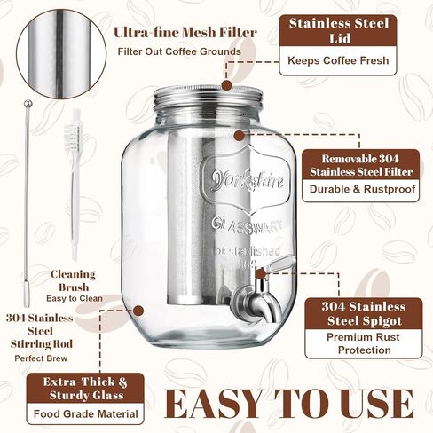 2 Pack 1 Gallon Cold Brew Coffee Maker Iced Coffee Maker with Stainless Steel Filter, Lid & Spigot Heavy Duty Glass Cold Brew Pitcher Drink Dispenser Thick Iced Tea Pitcher for Fridge in Kuwait