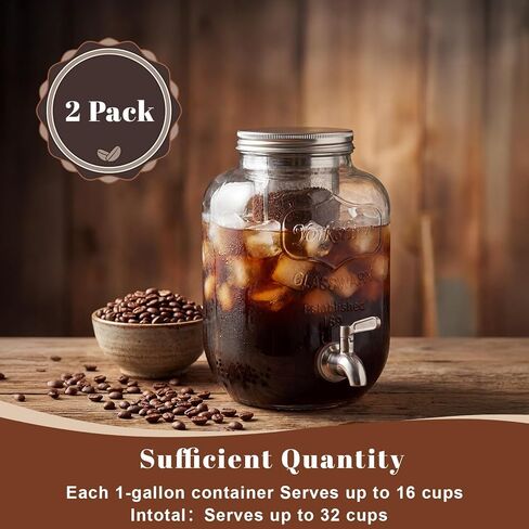 2 Pack 1 Gallon Cold Brew Coffee Maker Iced Coffee Maker with Stainless Steel Filter, Lid & Spigot Heavy Duty Glass Cold Brew Pitcher Drink Dispenser Thick Iced Tea Pitcher for Fridge in Kuwait