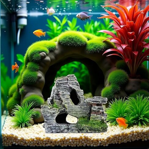 Resin Aquarium Mountain Decor with Moss Rock Cave - Multi-Level Terrain for Fish Tank Landscaping, Natural-Looking Rockery Design with Hidden Cave and Crevices for Shrimp, Reptile Habitat Aquascaping​ in Kuwait